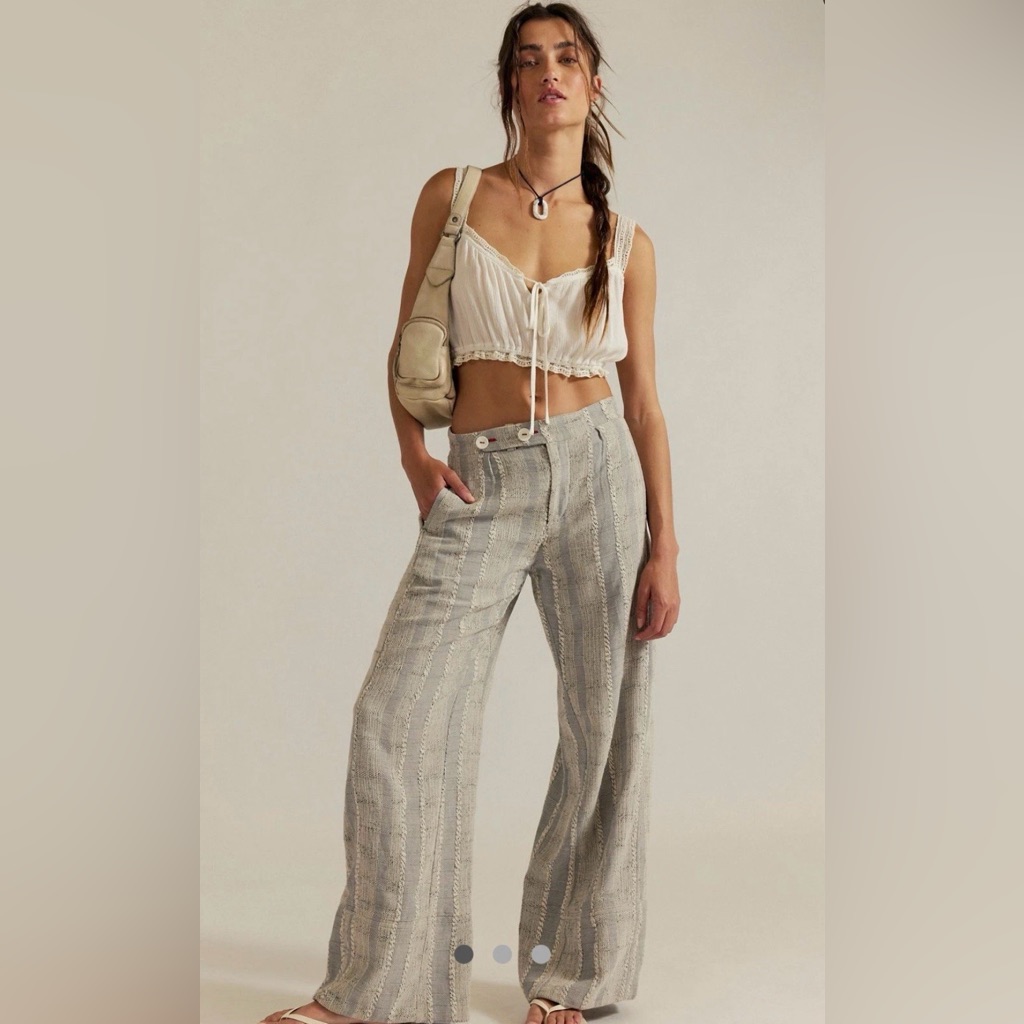 Nwt All Play Wide-Leg Striped Linen-Blend Pants In Light Gray - Size 12
